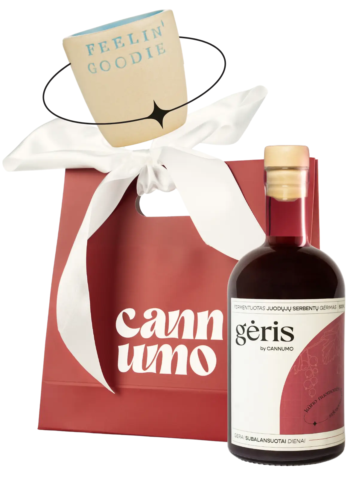 Gėrio rinkinys: gėrimas, taurelė ir dovanų maišelis