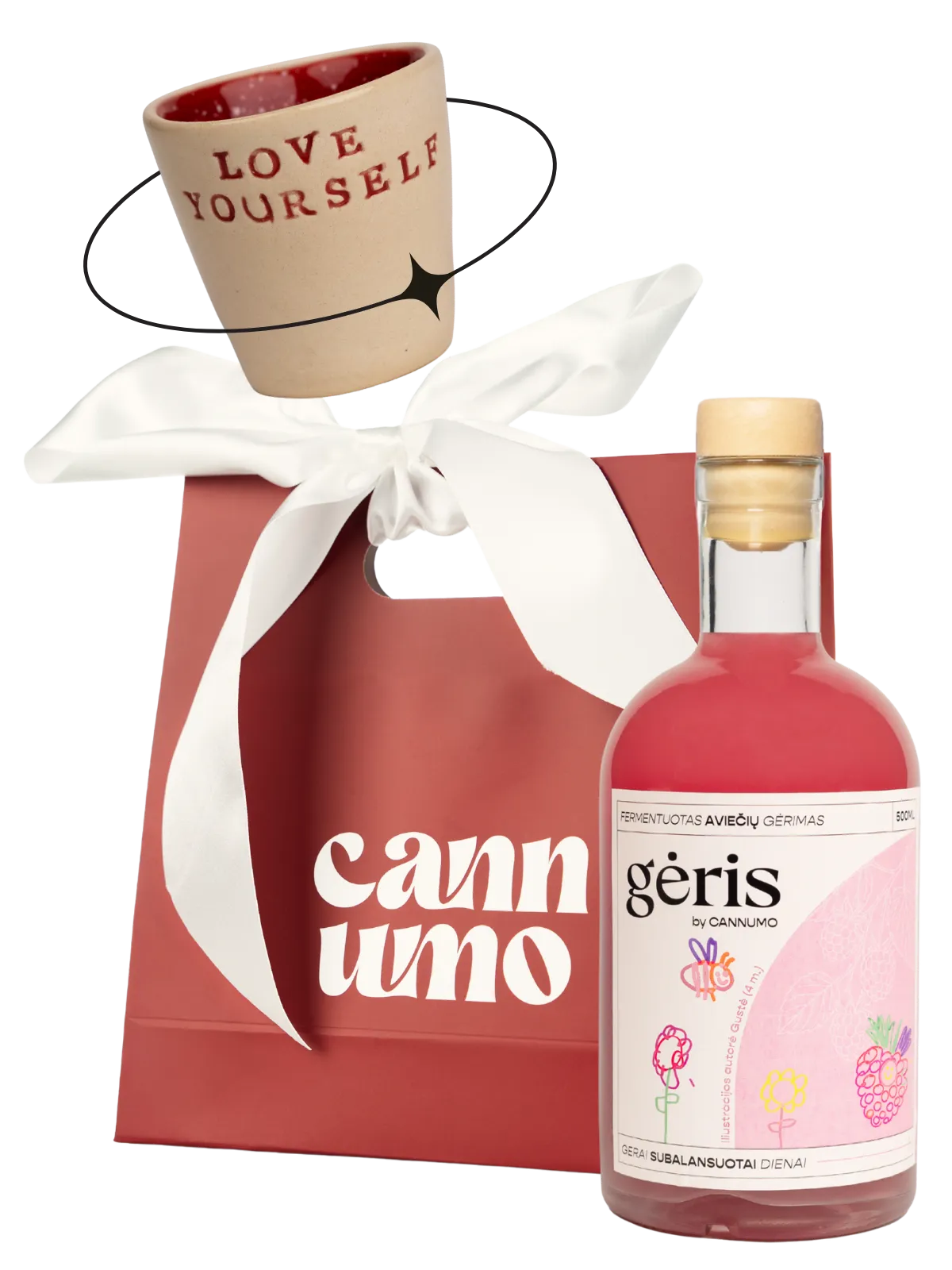 Aviečių Gėrio rinkinys: gėrimas, taurelė ir dovanų maišelis